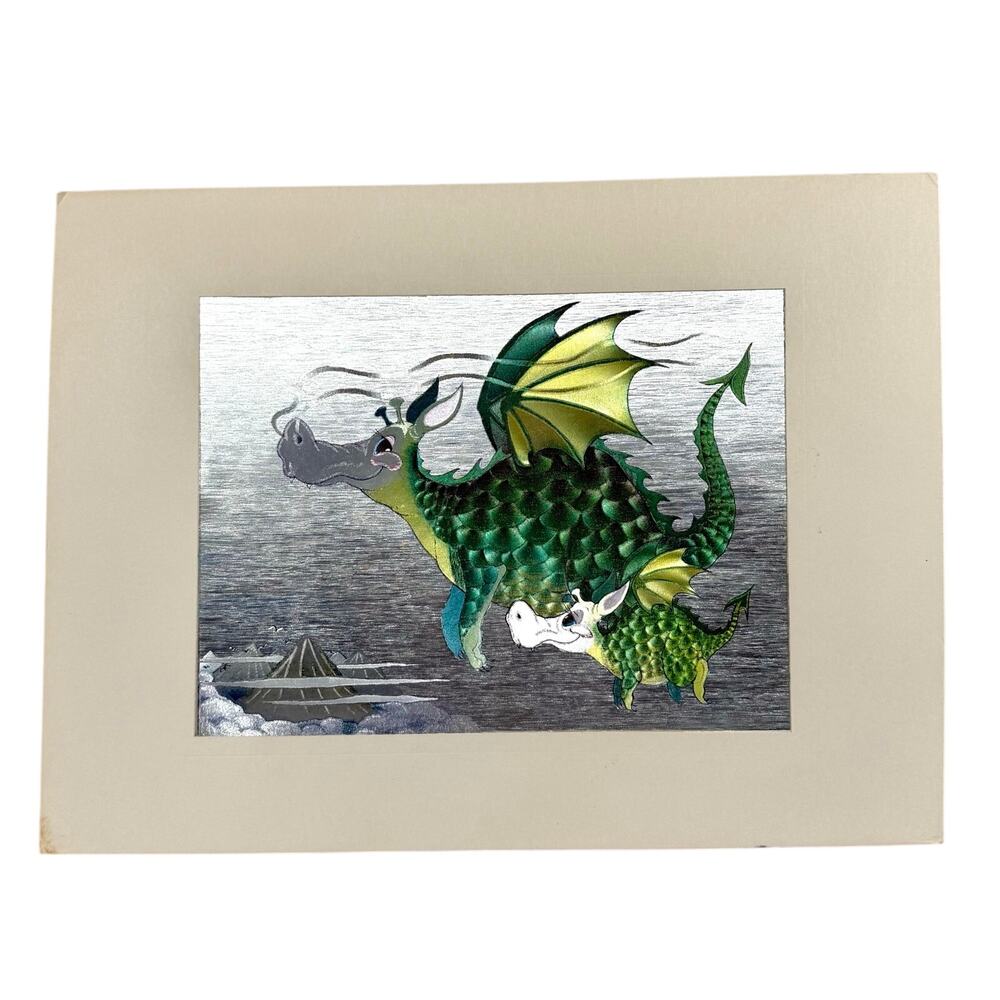 Vtg Dufex Foil Print Momma & Baby Dragon Art Fantasy 8x6